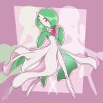  bob_cut colored_skin dress eddlayer gardevoir green_hair hair_over_one_eye highres looking_at_viewer multicolored_skin outline pink_background pink_eyes pink_outline pokemon pokemon_(creature) serious signature two-tone_skin white_dress white_skin 