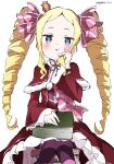  1girl absurdres beatrice_(re:zero) blonde_hair blue_eyes blush butterfly-shaped_pupils capelet closed_mouth commentary_request crown dress drill_hair fur-trimmed_capelet fur_trim hair_ribbon hand_on_own_cheek hand_on_own_face highres long_hair looking_at_viewer mini_crown pantyhose pink_ribbon re:zero_kara_hajimeru_isekai_seikatsu red_capelet red_dress ribbon sidelocks simple_background solo striped_clothes striped_pantyhose symbol-shaped_pupils twin_drills watermark white_background white_gorilla_(okamoto) 