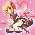  ascot bad_id bad_pixiv_id blonde_hair brown_eyes hair_ribbon mary_janes nekosugi_(hoshi) no_panties ribbon rumia shoes socks solo thighs touhou white_legwear 