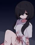  1girl black_background black_hair blood blood_on_clothes clarevoir commentary cowboy_shot crying empty_eyes english_commentary eri_(clarevoir) expressionless gradient_background grey_background guro hair_between_eyes hair_over_one_eye highres knee_up long_hair looking_at_viewer low_twintails one_eye_covered original parted_lips self-harm shirt short_sleeves simple_background sitting solo t-shirt tears twintails white_shirt 