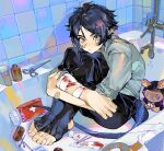  1boy arknights bandaged_arm bandages bandaid bandaid_on_cheek bandaid_on_face bathroom bathtub black_hair black_pantyhose black_tail blood blood_on_bandages blood_on_face blue_eyes blue_shirt closed_mouth faucet gauze highres hugging_own_legs indoors looking_at_viewer male_focus pantyhose pill_bottle pointy_ears scales scissors shirt short_hair sitting slit_pupils solo stuffed_toy tail toes yuirua55234 zuo_le_(arknights) 