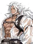  1boy abs alchemy_stars bara beard chest_strap chinese_commentary christory_yyb commentary_request facial_hair gram_(alchemy_stars) highres male_focus official_alternate_costume pectorals shirt thick_eyebrows white_background white_hair white_shirt yellow_eyes 