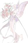  1girl bare_legs barefoot bouquet closed_eyes feathered_wings flower from_side holding holding_bouquet opood original pink_flower pink_wings profile short_hair simple_background solo standing standing_on_one_leg white_background wings 