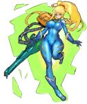  1girl blonde_hair blue_bodysuit blue_eyes blue_footwear blue_gloves bodysuit boots breasts covered_navel dakusuta energy_gun energy_weapon gloves green_background gun high_ponytail highres large_breasts metroid nintendo samus_aran solo weapon white_background zero_suit 