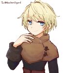  1girl alonemistrist alternate_costume black_shirt blonde_hair blue_eyes closed_mouth fire_emblem fire_emblem_engage long_sleeves looking_at_viewer merrin_(fire_emblem) shirt short_hair smile solo upper_body white_background 