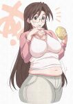  1girl absurdres azumanga_daioh blush breasts brown_eyes brown_hair collarbone cropped_legs denim eating glasses highres holding jeans karaage53ko large_breasts licking_lips long_hair long_sleeves looking_at_viewer mizuhara_koyomi muffin_top navel pants plump shirt simple_background solo thick_thighs thighs tongue tongue_out white_background 