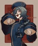  1boy absurdres artist_name ashe_bradley black_bow blue_hat border bow braid chinese_clothes english_commentary green_hair hair_bow hair_over_one_eye hat highres jiangshi jiangshi_costume long_sleeves looking_at_viewer male_focus ofuda ofuda_on_head open_mouth outstretched_arms patterned_background qingdai_guanmao red_background saiyakyun sharp_teeth single_braid sleeves_past_wrists small_pupils smile solo teeth watermark white_border witch&#039;s_heart zombie_pose 
