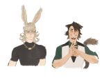  2boys alternate_race animal_ears black_shirt blonde_hair blue_eyes brown_eyes brown_hair cat_ears cat_tail chain_necklace character_request chengongzi123 closed_mouth collared_shirt commentary cropped_torso facial_hair final_fantasy final_fantasy_xiv fist_in_hand goatee green_shirt grey_vest grin haikyuu!! hands_up highres jewelry long_hair looking_at_viewer male_focus miqo&#039;te multiple_boys necklace rabbit_boy rabbit_ears ring shirt short_hair short_sleeves simple_background smile symbol-only_commentary tail turtleneck turtleneck_shirt vest viera warrior_of_light_(ff14) white_background 