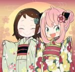  2girls :d ^_^ ahoge anya_(spy_x_family) artist_name becky_blackbell black_sash blue_flower blush brown_hair child closed_eyes closed_mouth commentary eyelashes floral_print flower gradient_background green_eyes green_kimono hair_between_eyes hair_bun hair_down hair_flower hair_ornament hairpods hands_up japanese_clothes kanzashi katagiri_atsuko kimono long_sleeves looking_at_viewer medium_hair multicolored_eyes multiple_girls obi obiage obijime open_mouth orange_background parted_bangs pink_hair print_kimono red_background red_sash sakuramon sash sidelocks simple_background single_hair_bun sleeves_past_wrists smile spy_x_family sun symbol-only_commentary teeth upper_teeth_only wide_sleeves yellow_eyes 