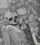  1girl ascot back_bow bow collared_shirt denchu_(kazudentyu) feet_out_of_frame flandre_scarlet frilled_shirt_collar frilled_skirt frilled_sleeves frills hair_between_eyes hat hat_ribbon highres holding holding_skull kneehighs long_hair looking_at_viewer making-of mob_cap open_mouth puffy_short_sleeves puffy_sleeves ribbon shirt short_sleeves skirt skull socks solo touhou vest 