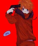  1boy 2_4_x_8 blonde_hair blue_eyes fur_trim gun handgun highres holding holding_gun holding_weapon hood hood_down kenny_mccormick male_focus parka pointing_gun red_background short_hair south_park weapon 