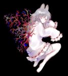  1girl absurdres animal_ears bandaged_leg bandages black_background blush closed_eyes dress english_commentary eyelashes faust_(nonsensemanna) fetal_position frilled_dress frilled_sleeves frills from_side full_body grey_hair highres long_hair nonsensemanna original rabbit_ears rabbit_girl rabbit_tail sketch sleeves_past_fingers sleeves_past_wrists solo tail veins very_long_sleeves white_dress 