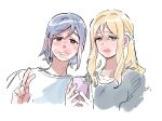  2girls alternate_hair_length alternate_hairstyle blonde_hair cellphone closed_mouth commentary_request green_eyes grey_shirt highres holding holding_phone korean_commentary lipstick lipstick_mark long_hair love_live! love_live!_sunshine!! makeup matsuura_kanan medium_hair multiple_girls ohara_mari parted_lips phone pito_(sh02327) purple_eyes purple_hair selfie shirt simple_background smartphone smeared_lipstick smile taking_picture upper_body very_long_hair white_background white_shirt yuri 