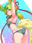 1girl :o animal_ears arm_behind_head arm_up armpits ass back bikini blue_bikini breasts commentary_request commission cougar_(cougar1404) cowboy_shot erune from_behind granblue_fantasy green_eyes green_hair highres leaning_forward long_hair looking_at_viewer looking_back low_twintails medium_breasts multi-strapped_bikini_bottom open_mouth partial_commentary skeb_commission solo standing sui_(granblue_fantasy) swimsuit tail twintails 