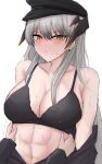  1girl 1other abs arknights bare_shoulders black_bra blush bra breasts commentary_request grey_hair highres horns large_breasts long_hair looking_at_viewer namikare navel off_shoulder saria_(arknights) solo_focus stomach underwear upper_body very_long_hair yellow_eyes 