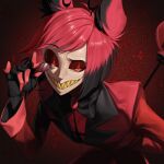  1boy alastor_(hazbin_hotel) bow bowtie colored_sclera demon_boy emo37337640 grin hazbin_hotel highres horns long_sleeves looking_at_viewer male_focus monocle multicolored_hair red_eyes red_hair red_sclera red_suit sharp_teeth short_hair smile suit teeth yellow_teeth 