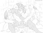 anthro bakameganekko balls black_and_white donatello_(tmnt) furniture genitals group kneeling leonardo_(tmnt) licking line_art male male/male mammal master_splinter michelangelo_(tmnt) monochrome murid murine muscular penis penis_tip raphael_(tmnt) rat reptile rodent scalie sheapth shower sitting sketch smile stool teenage_mutant_ninja_turtles tongue tongue_out turtle wet