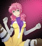  aqua_eyes bodysuit breasts elbow_gloves feldt_grace gloves gundam gundam_00 long_hair medium_breasts pink_hair plum_(arch) solo spread_legs thighhighs twintails yellow_bodysuit 