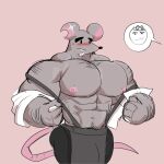 2024 absurd_res anthro blush bottomwear bulge cheesemaster_(cookie_run) clothing cookie_run demondragoncyan grey_body hi_res humanoid_hands male mammal murid murine muscular muscular_male navel nipples pants pecs rat rodent simple_background solo solo_focus undressing