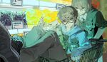  2boys akechi_gorou amamiya_ren black_footwear blue_eyes blue_hoodie brown_hair closed_mouth converse food fruit highres hood hoodie in_shopping_cart indoors looking_at_another looking_at_viewer medium_hair multiple_boys pants persona persona_5 persona_5_the_royal pushing_cart rectangular_eyewear red_eyes shop shopping_cart short_hair smile stuffed_animal stuffed_toy teddy_bear waving yuirua55234 