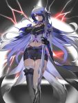  1girl acheron_(honkai:_star_rail) armor asymmetrical_gloves belt black_belt black_choker black_gloves black_shorts chain choker coat commentary crop_top elbow_gloves feet_out_of_frame gloves grey_hair halterneck highres holding honkai:_star_rail honkai_(series) i_a_n long_hair long_sleeves midriff navel open_clothes open_coat purple_hair red_eyes scabbard sheath short_shorts shorts shoulder_armor single_sleeve solo standing thighs very_long_hair white_coat 