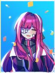  1girl :d bandage_over_one_eye bandaid bandaid_on_cheek bandaid_on_face black_jacket blue_background blush border closed_eyes collared_jacket facing_viewer floating gauze_on_face gwamang head_tilt highres jacket limbus_company long_bangs long_hair long_sleeves open_mouth project_moon red_hair sidelocks simple_background smile solo straight_hair upper_body white_border yuri_(project_moon) 