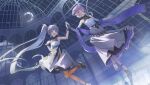  2girls absurdres bare_shoulders black_sash blue_eyes cloud cloudy_sky conservatory crescent_moon dancing dress dutch_angle elbow_gloves eye_contact gloves grey_hair hand_up hands_up highres indoors kizuna_akari kyo_mizusawa long_hair looking_at_another matching_outfits moon moonlight multiple_girls night official_alternate_costume open_mouth orange_pantyhose palms_together pantyhose purple_eyes purple_hair purple_pantyhose purple_shawl reflective_floor sash shawl shoes short_hair_with_long_locks side_ponytail single_sidelock sky sleeveless sleeveless_dress smile standing standing_on_one_leg star_(sky) starry_sky very_long_hair voiceroid white_dress white_gloves yuzuki_yukari 