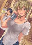  1boy 1girl arm_behind_back beer_can black_bra black_hair blonde_hair blush bra bra_visible_through_clothes breasts brown_eyes can cleavage collarbone cover cover_page denim doujin_cover drink_can dutch_angle grun highres holding holding_can jeans large_breasts looking_at_viewer medium_hair one_eye_closed open_mouth original pants red_shorts road_sign shirt short_hair shorts sign signature smile stairs suihei_sen t-shirt underwear w white_shirt 
