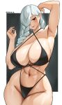  1girl abs absurdres arm_up armpits bare_shoulders bikini black_bikini black_eyes braid breasts closed_mouth collarbone commentary cowboy_shot cromwellb curvy gradient_background grey_hair hair_over_one_eye hand_up highleg highleg_bikini highres huge_breasts jujutsu_kaisen long_hair looking_at_viewer mei_mei_(jujutsu_kaisen) navel purple_lips solo swimsuit thick_thighs thighs twitter_username wide_hips 