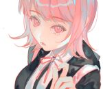  1girl backpack bag black_jacket black_shirt collared_shirt danganronpa_(series) danganronpa_2:_goodbye_despair hand_up hood hood_down hooded_jacket jacket lower_teeth_only medium_hair nanami_chiaki no_hair_ornament open_clothes open_jacket pink_eyes pink_hair shirt solo teeth two-tone_shirt wa~a white_shirt 