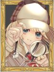  1girl adjusting_clothes adjusting_headwear blonde_hair blue_eyes border brown_coat chajo1225 coat detective eyelashes hair_ornament hairpin hat highres hololive hololive_english looking_at_viewer necktie ornate_border outside_border picture_frame portrait red_necktie short_hair smile solo stethoscope teeth virtual_youtuber watson_amelia watson_amelia_(1st_costume) 