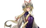  1girl blonde_hair breasts closed_mouth dress frilled_hat frills hair_between_eyes hair_ribbon hat hat_ribbon long_hair long_sleeves looking_at_viewer mob_cap purple_eyes red_ribbon ribbon simple_background small_breasts smile solo tabard touhou upper_body white_background white_dress white_hat wide_sleeves xian_qishui yakumo_yukari 