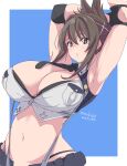  1girl armpits artist_name black_skirt blue_background breasts brown_eyes brown_hair cleavage copyright_request dated hair_ornament highres kichihachi large_breasts looking_at_viewer medium_hair navel skirt solo suspenders two-tone_background x_hair_ornament 