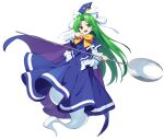 1girl absurdres blue_dress blue_hat cape dress full_body ghost_tail green_eyes green_hair hat highres hiyaya_(kochi_michikaze) holding holding_weapon long_hair long_sleeves looking_at_viewer mima_(touhou) open_mouth purple_cape smile solo touhou touhou_(pc-98) transparent_background weapon 