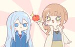  +_+ 132_(bb32768) 2girls apple blue_eyes blue_hair blue_jacket blush cardigan food fruit hair_between_eyes holding holding_food holding_fruit jacket jewelry light_blue_hair mochizuki_honami multiple_girls necklace project_sekai red_apple star_(symbol) sunburst sunburst_background yoisaki_kanade 