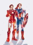  2boys arc_reactor arm_up armor avengers_(series) belt blue_belt blue_bodysuit bodysuit boots brown_eyes brown_hair c527m captain_america closed_eyes double_thumbs_up facial_mark full_armor full_body gloves grey_armor hand_on_own_head hands_up holding holding_shield iron_man looking_at_viewer male_focus marvel marvel_cinematic_universe multicolored_armor multiple_boys one_eye_closed open_mouth pocket power_armor red_armor red_footwear red_gloves shadow shield short_hair simple_background smile standing star_(symbol) steve_rogers striped_bodysuit superhero_costume teeth the_avengers_(2012) thumbs_up tony_stark white_background yellow_armor 