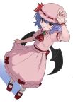  1girl arm_at_side arm_up ascot back_bow bat_wings blue_hair bow commentary_request dutch_angle flower frilled_shirt_collar frilled_wrist_cuffs frills frown full_body hair_between_eyes hat hat_ribbon highres light_blush looking_at_viewer mary_janes mob_cap open_mouth pink_hat pink_shirt pink_skirt pink_wrist_cuffs puffy_short_sleeves puffy_sleeves red_ascot red_bow red_eyes red_flower red_ribbon remilia_scarlet ribbon shirt shoes short_hair short_sleeves simple_background skirt skirt_hold socks solo standing touhou tsurime v-shaped_eyebrows white_background white_socks wings wrist_cuffs xantam0129 