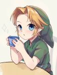 beverage blonde_hair blue_eyes clothing container cup elf hair humanoid humanoid_pointy_ears hylian light_body light_skin looking_at_viewer male nintendo niyama_n not_furry ocarina_of_time open_mouth signature solo the_legend_of_zelda young_link