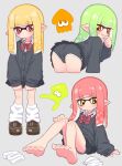 3girls ass barefoot bent_over black_shorts black_skirt blonde_hair blush bow brown_eyes brown_footwear cardigan closed_mouth commentary diagonal-striped_bow dolphin_shorts fang green_eyes green_hair grey_background grey_cardigan hand_up highres inkling inkling_girl inkling_player_character loafers long_hair long_sleeves loose_socks multiple_girls naga_u open_mouth pink_hair pleated_skirt pointy_ears puffy_long_sleeves puffy_sleeves purple_eyes red_bow school_uniform shoes short_shorts shorts shorts_under_skirt simple_background sitting skirt sleeves_past_wrists smile socks soles splatoon_(series) standing symbol-only_commentary unworn_socks white_socks 