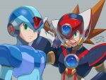  2boys android armor axl_(mega_man) black_armor blue_armor blue_helmet brown_hair chest_jewel commentary_request cross_scar forehead_jewel green_eyes grey_background gun helmet highres holding holding_gun holding_weapon looking_at_viewer male_focus medium_hair mega_man_(series) mega_man_x_(series) multiple_boys o_deko open_mouth over_shoulder red_helmet scar scar_on_face shoulder_armor spiked_hair translation_request upper_body weapon weapon_over_shoulder 
