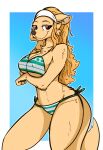 2024 accessory anthro arm_under_breasts bikini blonde_hair breasts brown_eyes brown_nose canid canine canis chest_tuft clothing colored digital_media_(artwork) dima_(artist) domestic_dog female fur gradient_background hair hair_accessory hairband half-closed_eyes hi_res long_hair looking_at_viewer mammal monotone_body monotone_fur narrowed_eyes nipple_outline one_piece portrait shaded side-tie_bikini simple_background smile solo string_bikini swimwear three-quarter_portrait tuft under_boob wanda_(one_piece) wide_hips yellow_body yellow_fur
