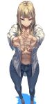  1girl abs absurdres blonde_hair blue_eyes breasts convenient_censoring denim highres jeans long_hair looking_at_viewer medium_breasts open_clothes open_shirt original pants rasetsu001 smile solo toned white_background 