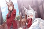  3girls absurdres age_difference amagi-chan_(azur_lane) amagi_(azur_lane) animal_ear_fluff animal_ears azur_lane blue_sky blunt_bangs blush breasts bridal_gauntlets brown_hair closed_eyes cloud cloudy_sky commentary covered_eyes dated_commentary flying_sweatdrops fox_ears fox_girl fox_tail hair_ornament hand_up hands_on_another&#039;s_face highres hug japanese_clothes kaga_(azur_lane) kimono kitsune kneeling kyuubi large_breasts long_hair looking_at_another looking_to_the_side multiple_girls multiple_tails purple_eyes red_kimono samip short_hair sidelocks sky smile standing sweatdrop tail thick_eyebrows twintails white_hair white_kimono wide_sleeves wooden_wall 