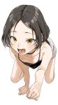  1girl absurdres all_fours black_camisole black_choker brown_eyes camisole choker fangs flat_chest highres looking_at_viewer open_mouth original paw_pose short_hair shorts simple_background sketch smile solo teeth white_background yamamoto_souichirou 