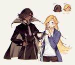  1boy 1girl brown_cape brown_capelet brown_eyes brown_hair cape capelet coffee_cookie coffee_cup cookie_run cowboy_shot cup dark-skinned_male dark_skin disposable_cup drinking espresso_cookie flipped_hair hair_over_one_eye hand_up humanization jacket long_hair looking_at_viewer purple_eyes purple_jacket sapphire_(nine) simple_background very_long_hair white_background 