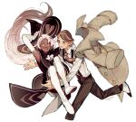  1boy 1girl almond_cookie arm_up boots brown_coat brown_eyes brown_hair brown_hat brown_necktie brown_pants catching coat cookie_run falling hat humanization latte_cookie long_sleeves necktie open_mouth pants sapphire_(nine) shirt thigh_boots white_footwear white_shirt witch witch_hat 