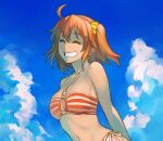  1girl ^_^ ahoge arms_behind_back b_suke bikini breasts closed_eyes cloud facing_viewer fate/grand_order fate_(series) fujimaru_ritsuka_(female) fujimaru_ritsuka_(female)_(brilliant_summer) grin looking_at_viewer one_side_up orange_bikini orange_hair outdoors scrunchie side-tie_bikini_bottom sky small_breasts smile solo striped_bikini striped_clothes swimsuit two-tone_bikini upper_body white_bikini yellow_scrunchie 