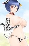  1girl absurdres amane_(senran_kagura) animal_collar animal_ears animal_print bikini blue_hair blush breast_hold breast_milk breasts bridal_gauntlets cleavage closed_mouth collar commission commissioner_upload covered_nipples cow_ears cow_horns cow_print cow_print_bikini cow_tail ear_tag hands_on_own_breasts highres horns kinako_(mzknk0) lactation large_breasts looking_at_viewer looking_to_the_side navel nipples no_bra one_eye_closed print_bikini red_eyes senran_kagura short_hair side-tie_bikini_bottom skeb_commission small_nipples swimsuit tail underboob 