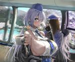  3girls backless_shirt bare_shoulders belt_pouch black_hair black_hat black_jacket blue_coat blue_eyes blue_hat blue_necktie blue_skirt blue_sky blush bracelet breasts brid_(nikke) bridal_gauntlets cherry_blossoms coat coat_on_shoulders coffee coffee_mug collarbone collared_shirt commentary_request cowboy_shot cup dangle_earrings day diesel_(nikke) earrings facing_away garrison_cap goddess_of_victory:_nikke grey_hair hair_between_eyes hair_over_one_eye hat high-waist_skirt highres hii_(motorholic) holding holding_cup indoors infinity_rail_(nikke) jacket jewelry large_breasts long_hair long_skirt looking_at_viewer low_ponytail military_hat mountainous_horizon mug multiple_girls necktie parted_lips peaked_cap pouch shirt sideboob sideless_shirt sidelocks skirt sky sleeveless sleeveless_shirt soline_(nikke) spring_(season) standing striped_necktie train_interior tree very_long_hair white_shirt window 