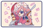  1boy :3 animal_ears blush camera cardigan cat_ears cat_tail chibi food fruit hand_up holding holding_spoon ice_cream jibaku_shounen_hanako-kun looking_at_viewer mitsuba_sousuke open_mouth pancake pink_cardigan plate pudding sapphire_(nine) scarf sitting smile solo spoon sprinkles strawberry striped_clothes striped_scarf tail tomato wings 